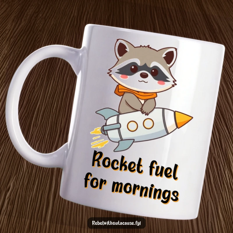 Funny raccoon character determinedly riding a tiny rocket ship, giggling with excitement on a coffee mug, a humorous space adventure.