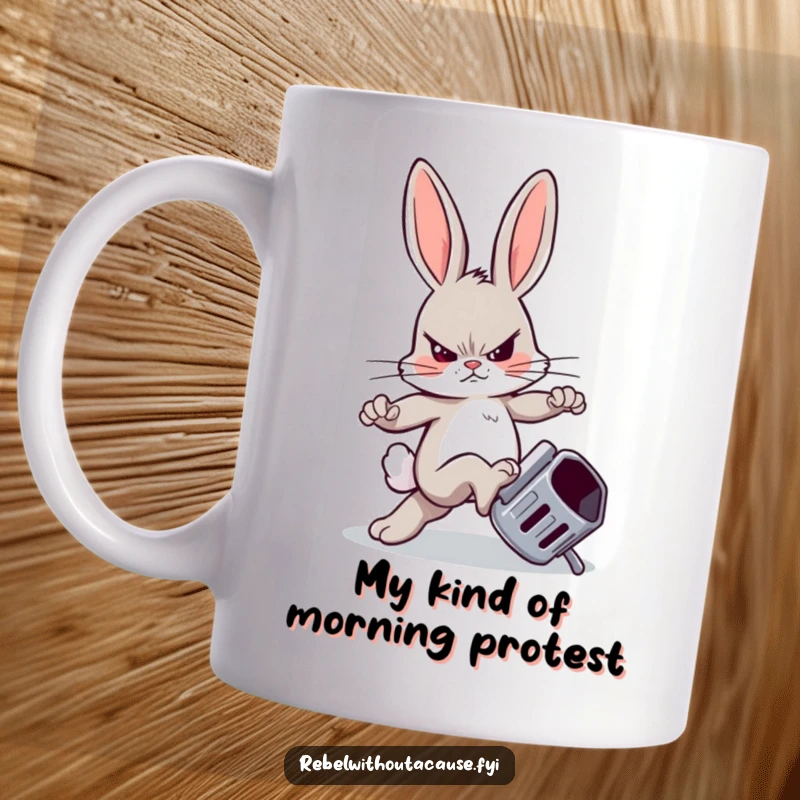 Funny rabbit mug featuring a sneering bunny kicking a trash can, embodying a defiant and humorous spirit.