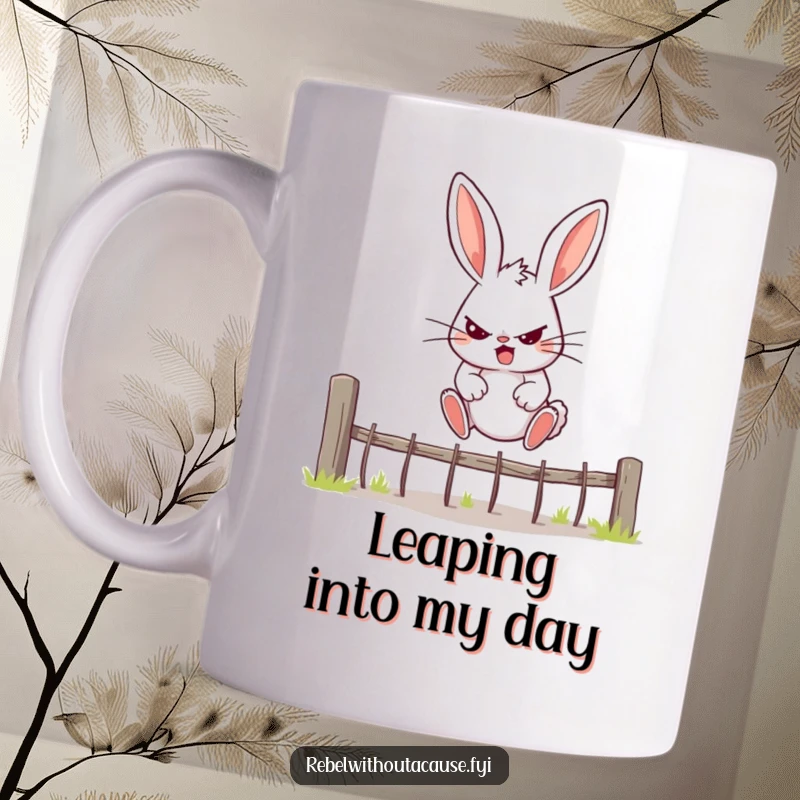 Funny Bunny Mug featuring a rebellious bunny with a determined expression jumping over a fence with gusto.