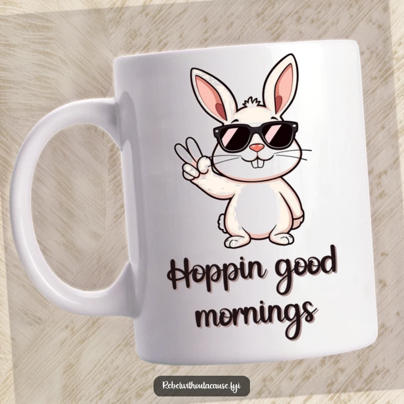 Funny bunny mug with a rebellious attitude, wearing dark sunglasses and throwing a peace sign with a confident smirk.