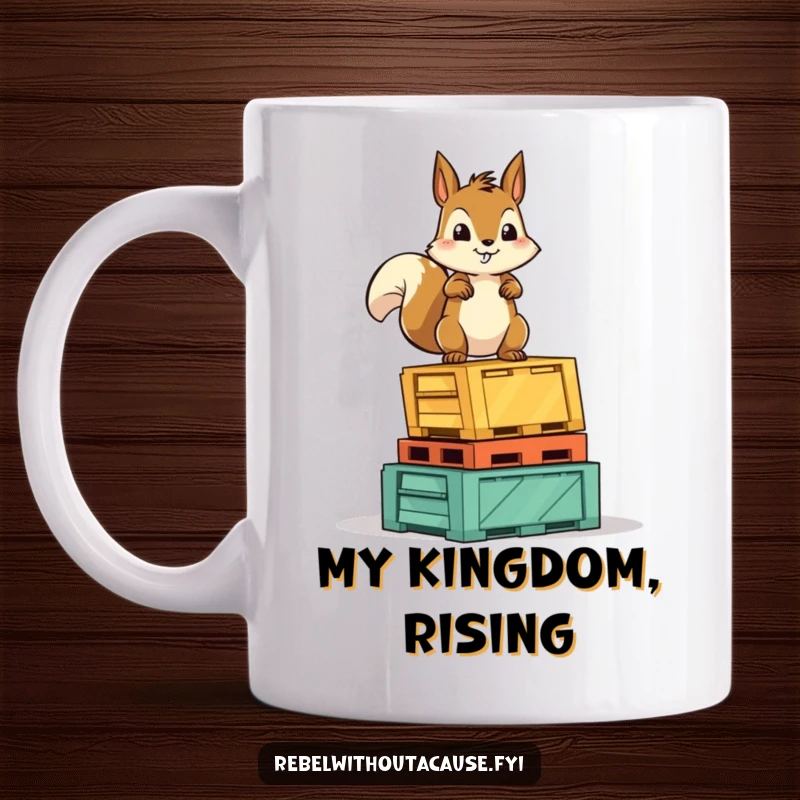 Funny Squirrel Victory Mug: A fearless squirrel character stands proudly atop a stack of overturned crates, celebrating a win.