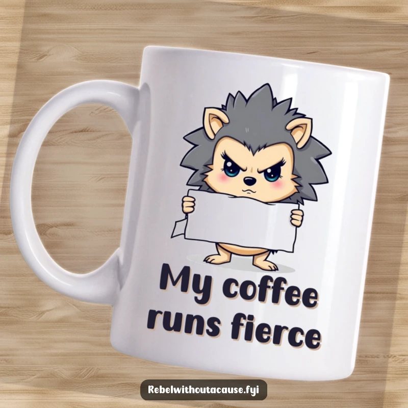 Funny mug of a determined hedgehog character holding a stern sign with a ripped corner, conveying unwavering resolve.