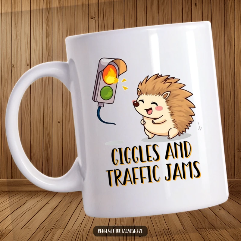 Funny giggling hedgehog rolling enthusiastically towards a broken signal light, depicted on a humorous mug.
