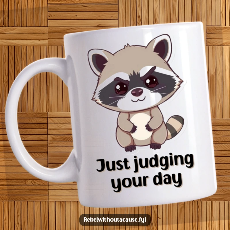 Funny raccoon mug featuring a cheeky raccoon with a mischievous smirk, raising one eyebrow in a humorous expression.