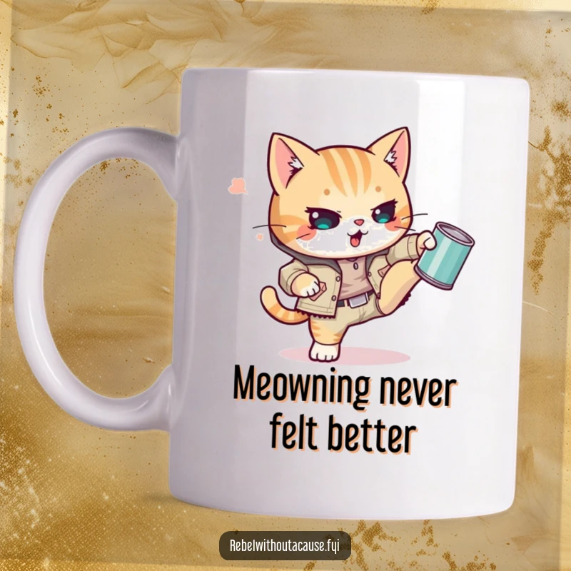 Funny Kawaii Cat Mug featuring a punk kitty in a ripped jacket, defiantly kicking a tin can with a rebellious, cool demeanor.