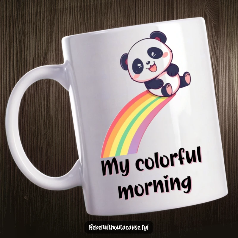 Funny Panda Rainbow Mug, a playful panda sliding down a vibrant rainbow with a mischievous grin, great funny gift.