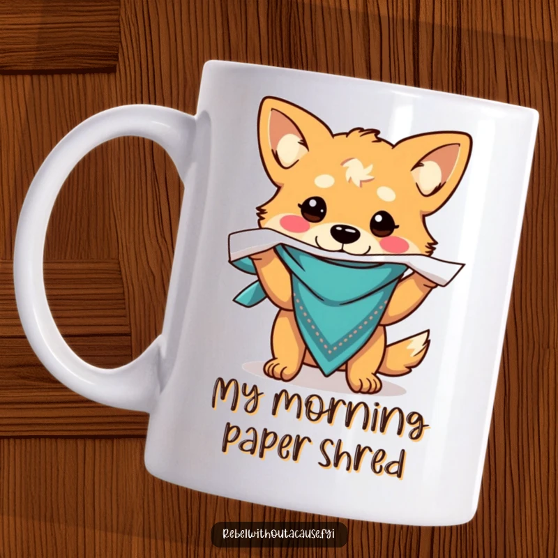 Funny mug shows a carefree dog in a bandana gleefully ripping paper in half, capturing canine mischief.