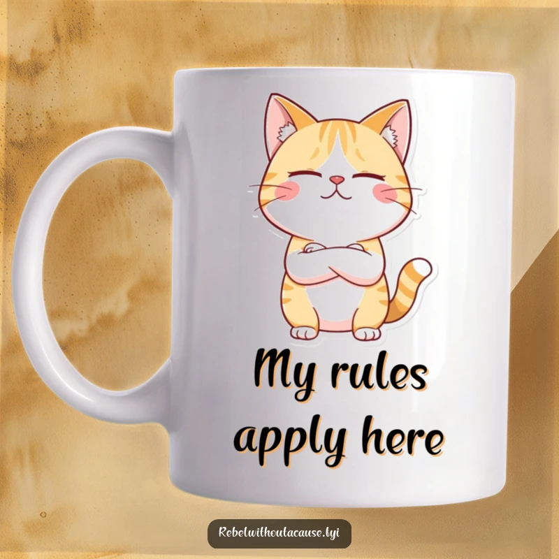 Funny mug of a giggling cat character arms crossed, looking unimpressed, radiating rebellious attitude and pure sass.