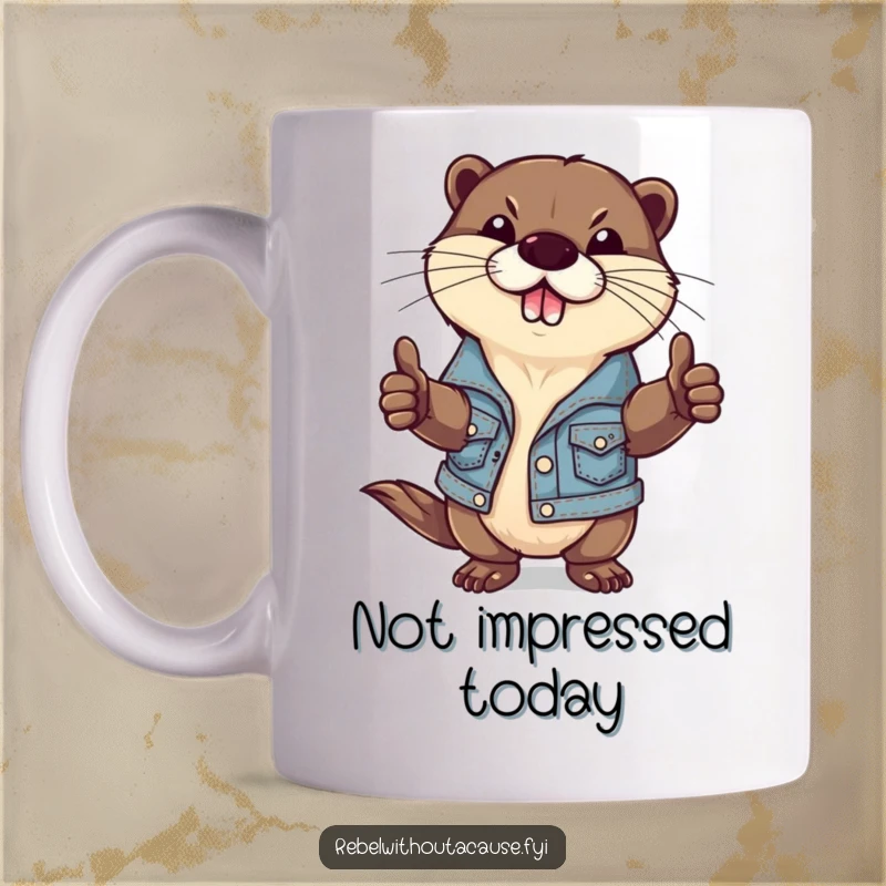 Funny mug depicting a cool otter wearing a ripped denim jacket and giving a defiant thumbs-down gesture, exuding rebellious charm.