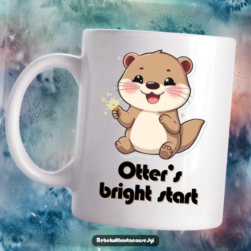Funny otter mug featuring a happy otter holding a sparkler, looking cool and confident. Celebratory and cheerful design.