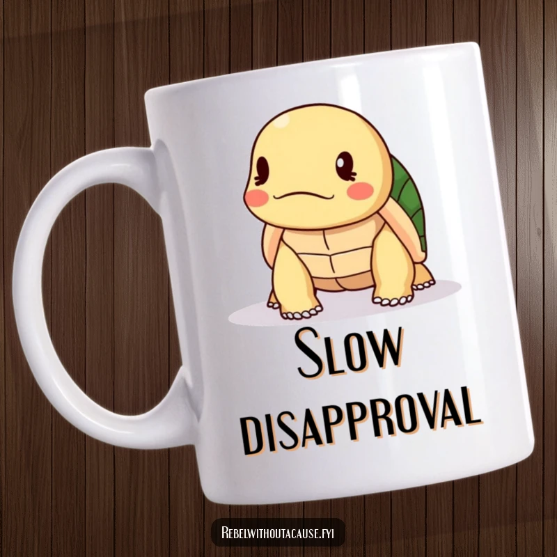 Funny Turtle Mug: A kawaii turtle slowly shakes its head side-to-side in disapproval, showcasing a humorous, judgmental expression.
