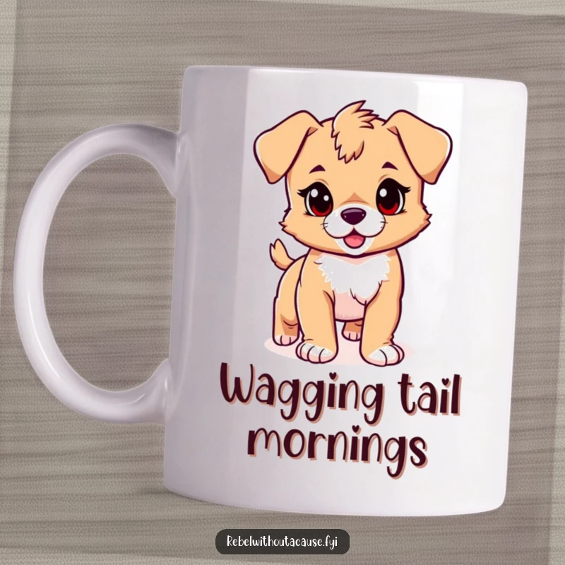 Funny puppy mug featuring a playful puppy with a confident stride and a single rebellious streak in its fur, embodying joy, a funny gift.