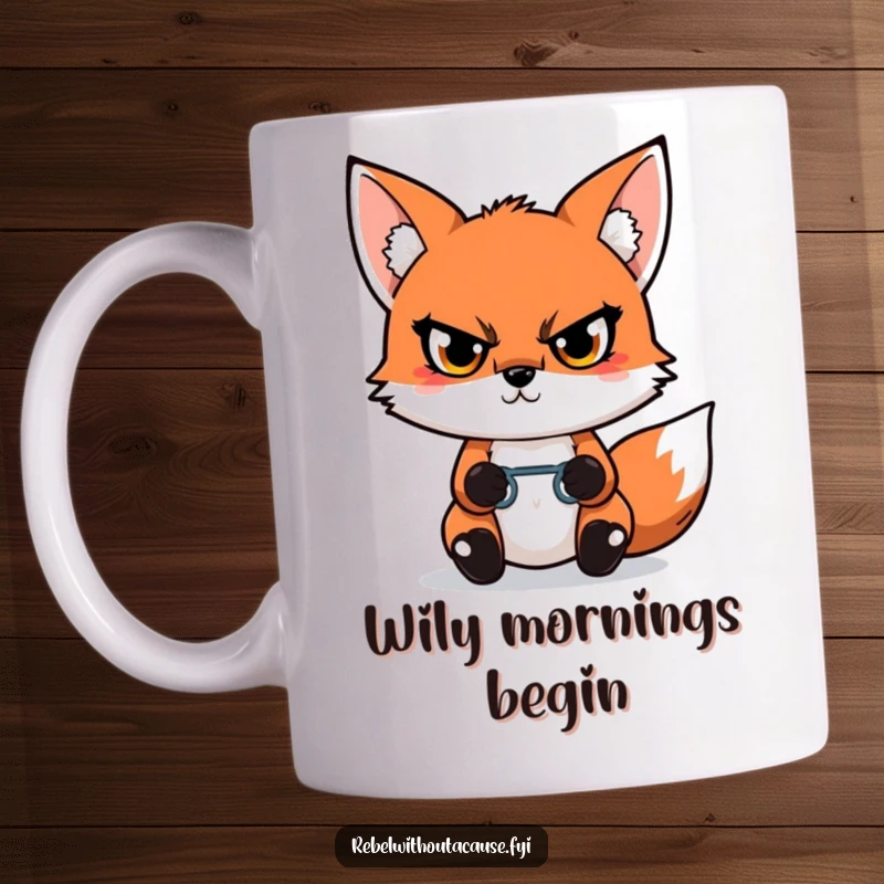 Funny Kawaii Fox Mug featuring a defiant fox with a determined glare firmly holding a broken chain link, symbolizing strength and freedom.
