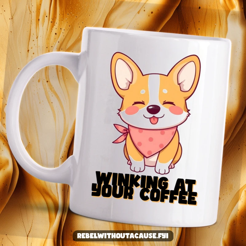 Funny mug with a mischievous corgi wearing a bandana tied around its neck, giving a charming wink.