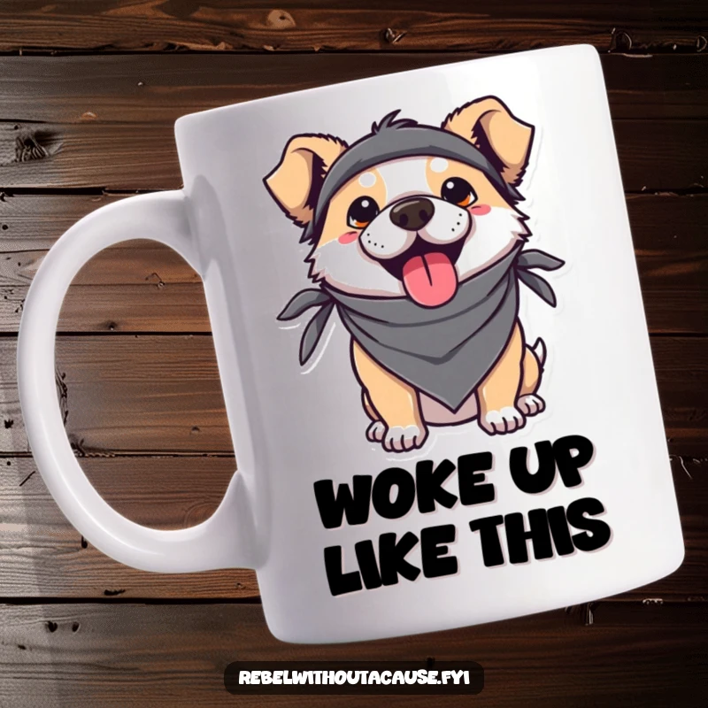 Funny Kawaii Dog Mug featuring a cute pup wearing a rebellious bandana and sticking its tongue out with a mischievous, playful expression.