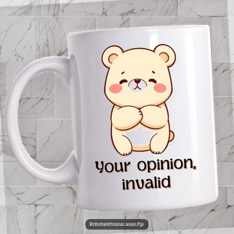 Funny Kawaii Bear Mug with arms crossed and a mischievous smirk, exuding playful sass and attitude.