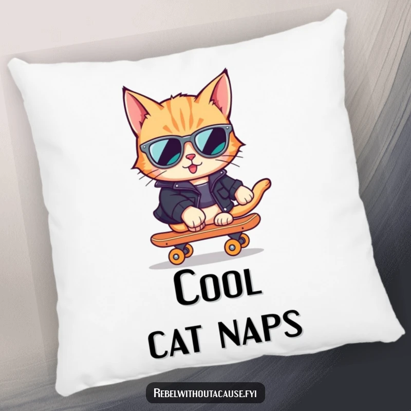 Funny Cat Skater Pillow featuring a cool cat in sunglasses and leather jacket on a skateboard, a soft and stylish accent.