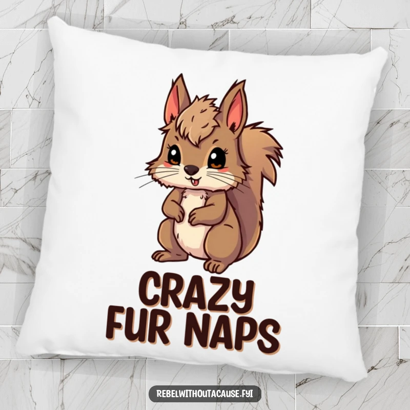 Funny pillow with a wild squirrel, messy fur, ready for adventure, offering cozy comfort and a touch of wild humor, an excellent funny gift.