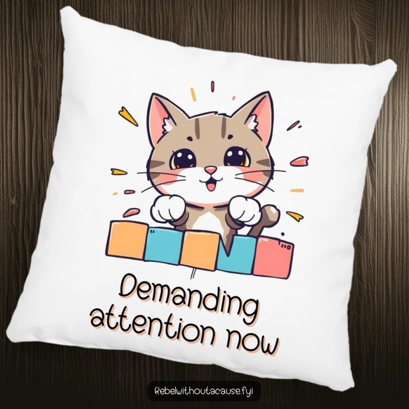 Funny pillow featuring a bold cat character crashing through a brightly colored, striped barrier, adding comfort and humor.