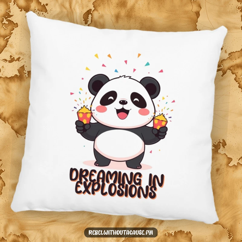 Funny Panda Pillow: Adorable mischievous panda character attempting to juggle three exploding confetti poppers, a soft and amusing decoration.