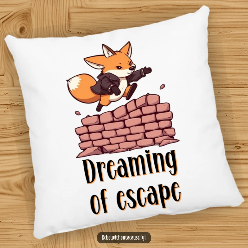 Funny pillow featuring a fearless fox in a leather jacket, captured in a dynamic leap over a brick wall.