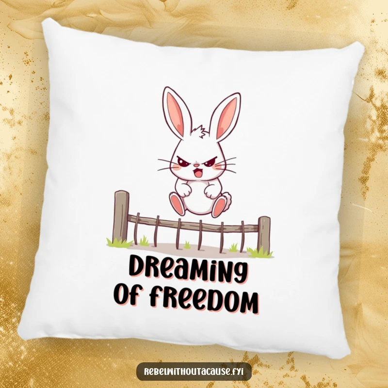 Funny Bunny Pillow featuring a rebellious bunny determinedly jumping over a fence, a soft and inspiring accent.