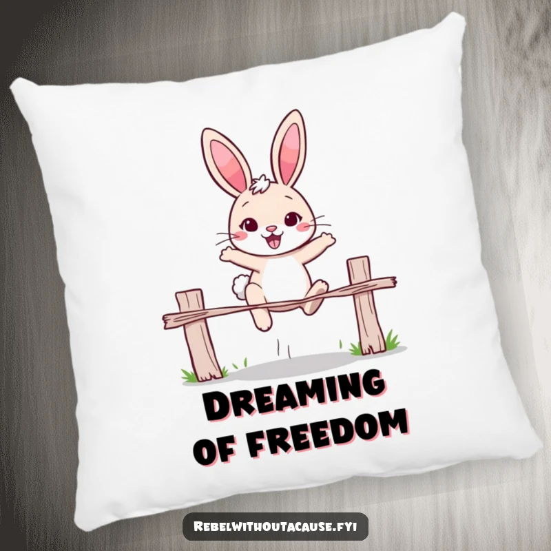 Funny rabbit pillow featuring a cheerful rabbit with a determined expression, jumping over a broken fence. Cozy and motivating decor.