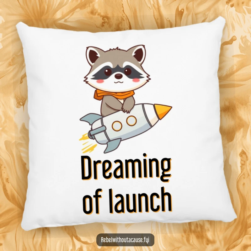 Funny raccoon character riding a rocket on a pillow, bringing cosmic humor and comfort to any space.