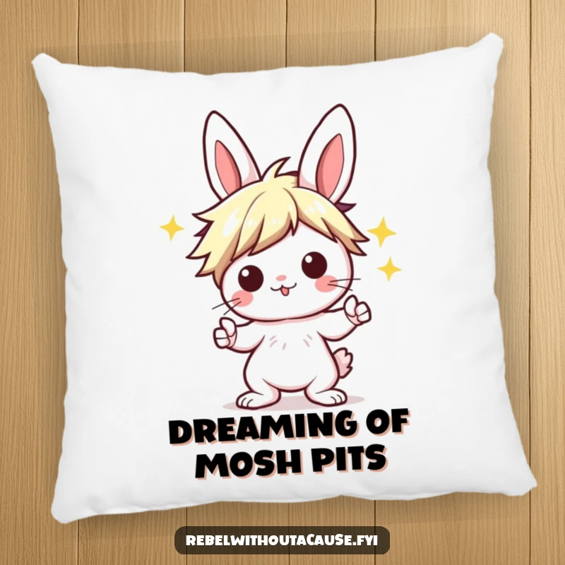 Funny Kawaii Bunny Pillow with a punk bunny sporting a wild hairstyle, striking a 'rock on' pose, bringing edgy comfort.