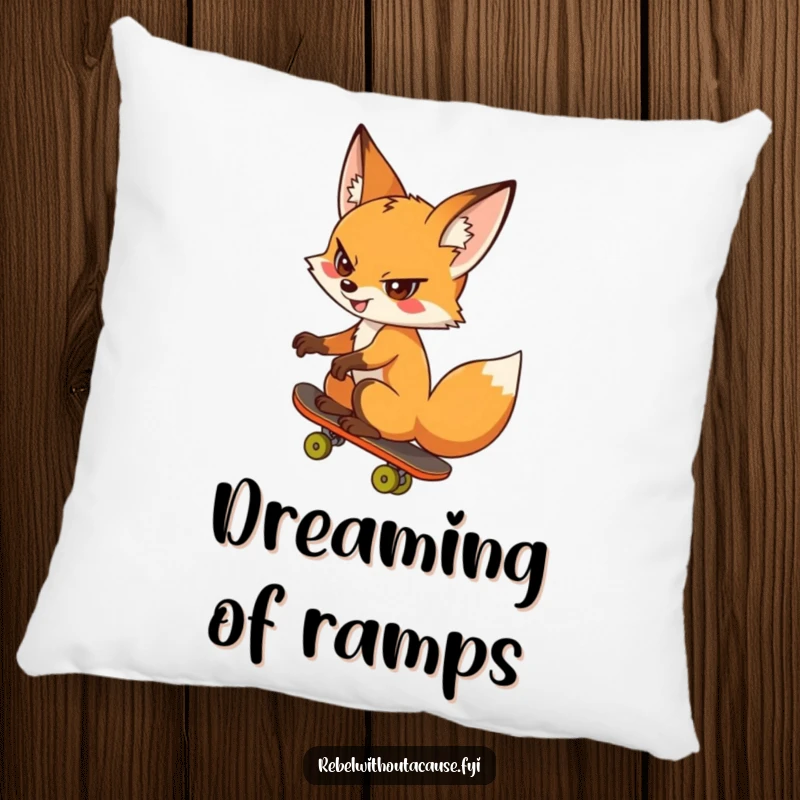 Funny fox pillow featuring a cheeky fox skateboarding backwards, a comfortable and humorous funny gift.