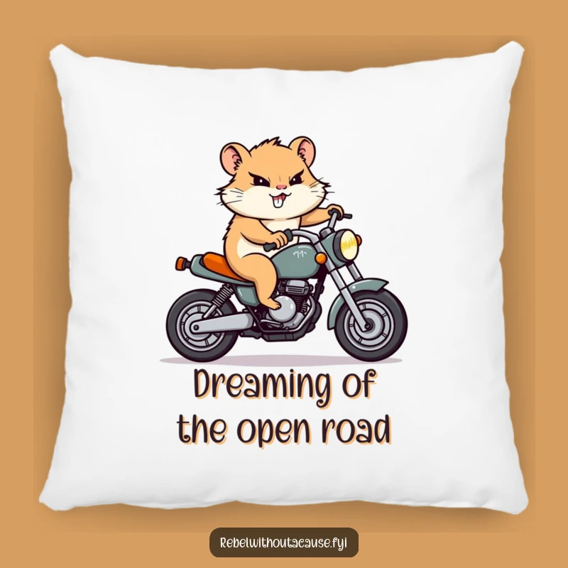 Funny Hamster Motorcycle Pillow: Soft Cushion with a Determined Rodent Rider, Cozy Laughs