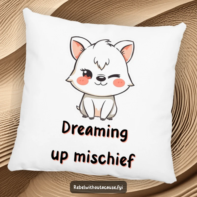 Funny pillow with a mischievous animal character using a chalk stencil and winking, offering cozy comfort and playful intrigue.