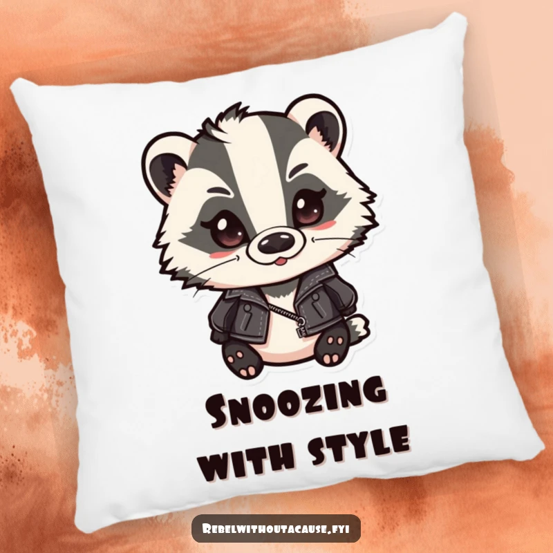 Funny badger pillow featuring a cute badger in a leather jacket and slicked-back hair, smirking with a cool, laid-back attitude. A comfortable and humorous cushion.