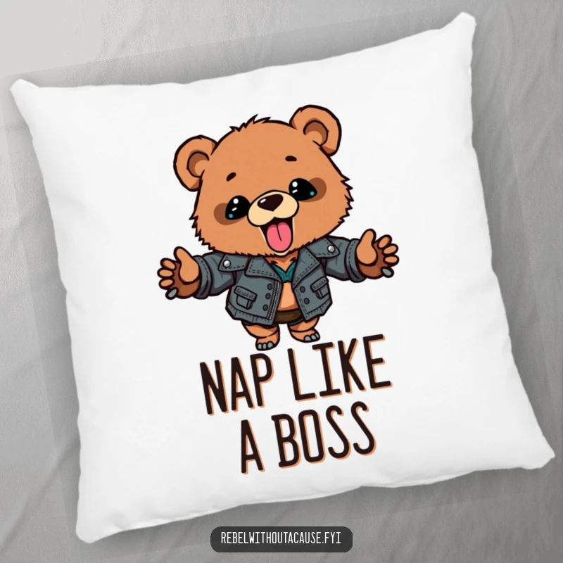 Funny bear cub pillow featuring a cub in a ripped leather jacket, tongue out, a cute and comfy funny gift.