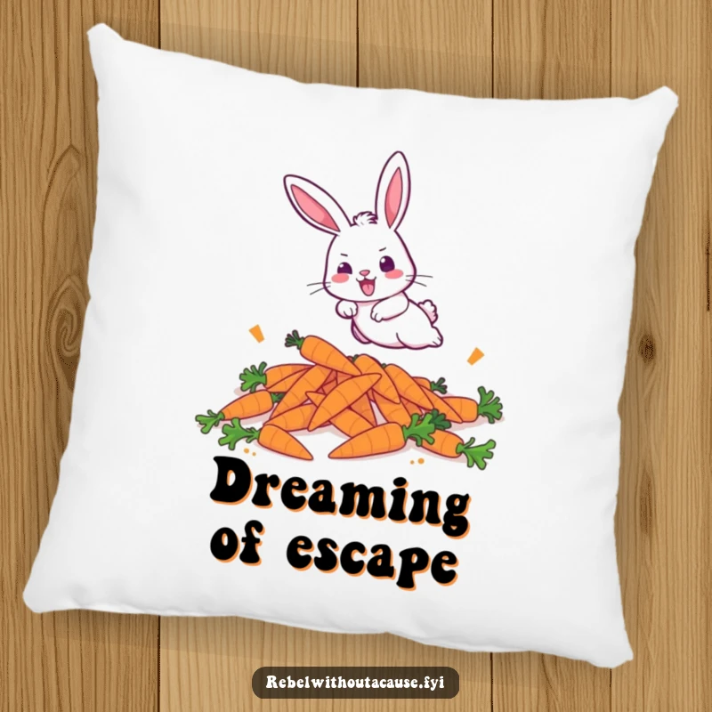 Funny pillow featuring a bold bunny aggressively hopping over discarded carrots, providing humorous comfort and energetic vibes.