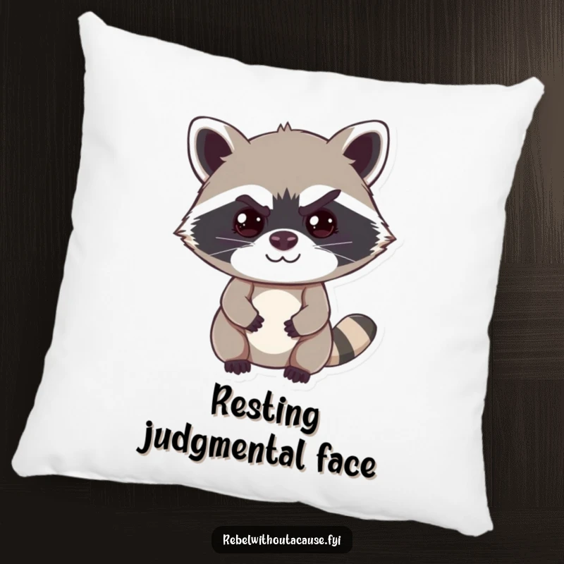 Funny raccoon pillow showcasing a cheeky raccoon with a mischievous smirk and a raised eyebrow, offering comfort and humor.