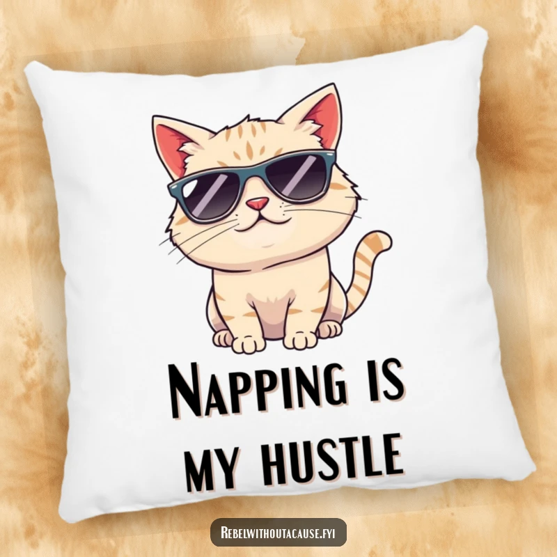 Funny cool cat sunglasses pillow featuring a smirking cat in shades, head tilted, offering plush comfort and a dash of feline cool.