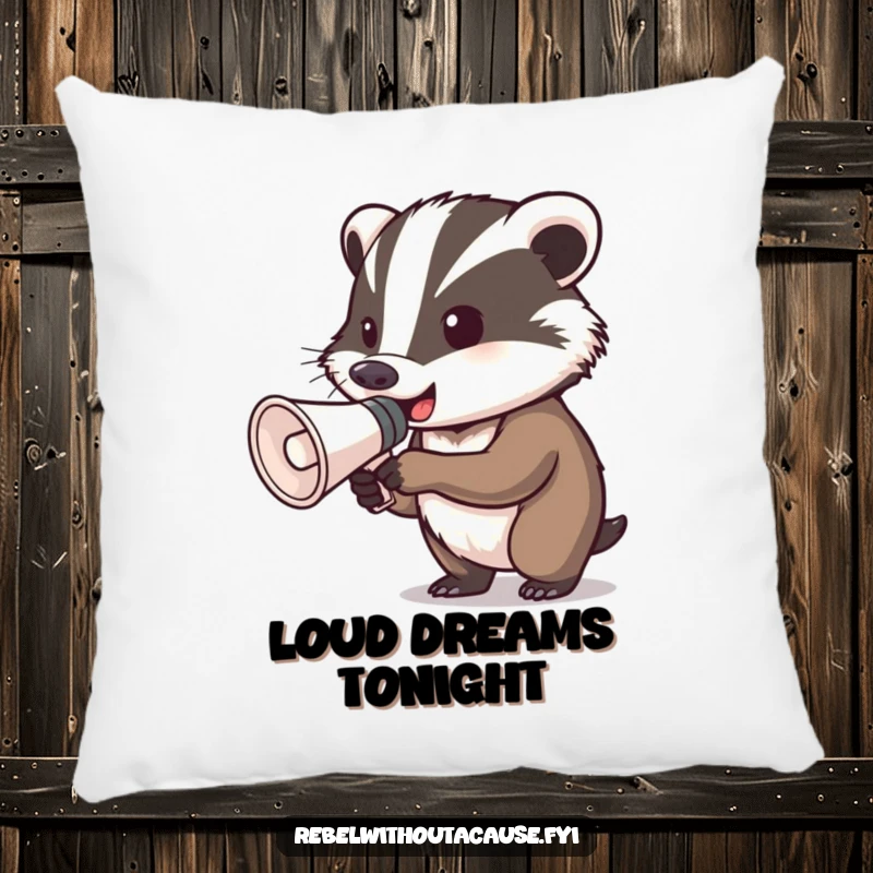 Funny determined badger megaphone pillow featuring a badger gripping a megaphone, ready to shout, offering comfort with a bold message.