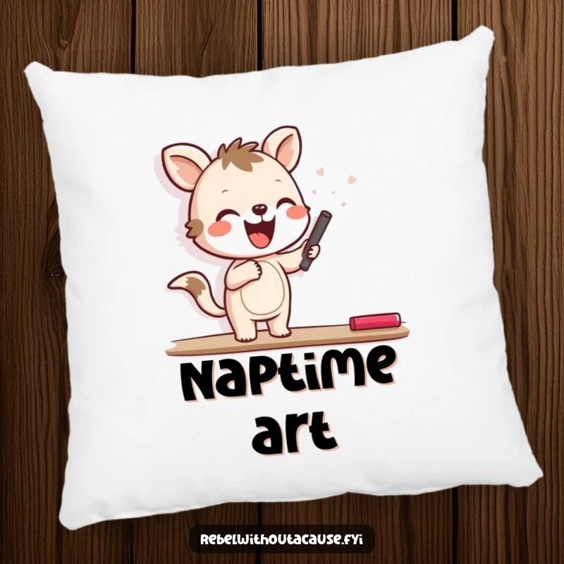 Funny pillow with a joyful animal character happily scrawling with chalk on a blank wall, offering cozy comfort and artistic flair.