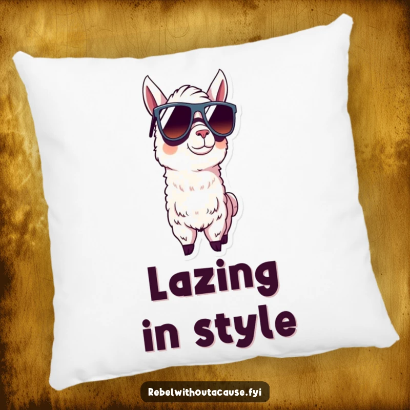 Funny llama with oversized sunglasses on a pillow, offering comfort with a dose of cool attitude.