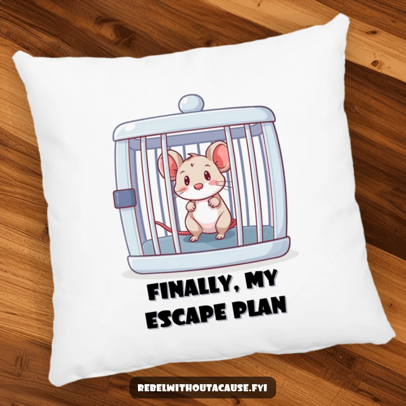 Funny mouse peeking out from an open, empty cage, printed on a soft, decorative pillow.
