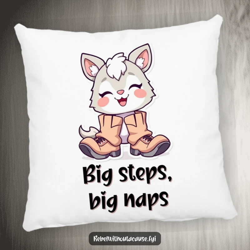 Funny Decorative Pillow: Delighted Animal Character with Proud Smirk, Wearing Oversized Tattered Boots, Soft and Humorous.