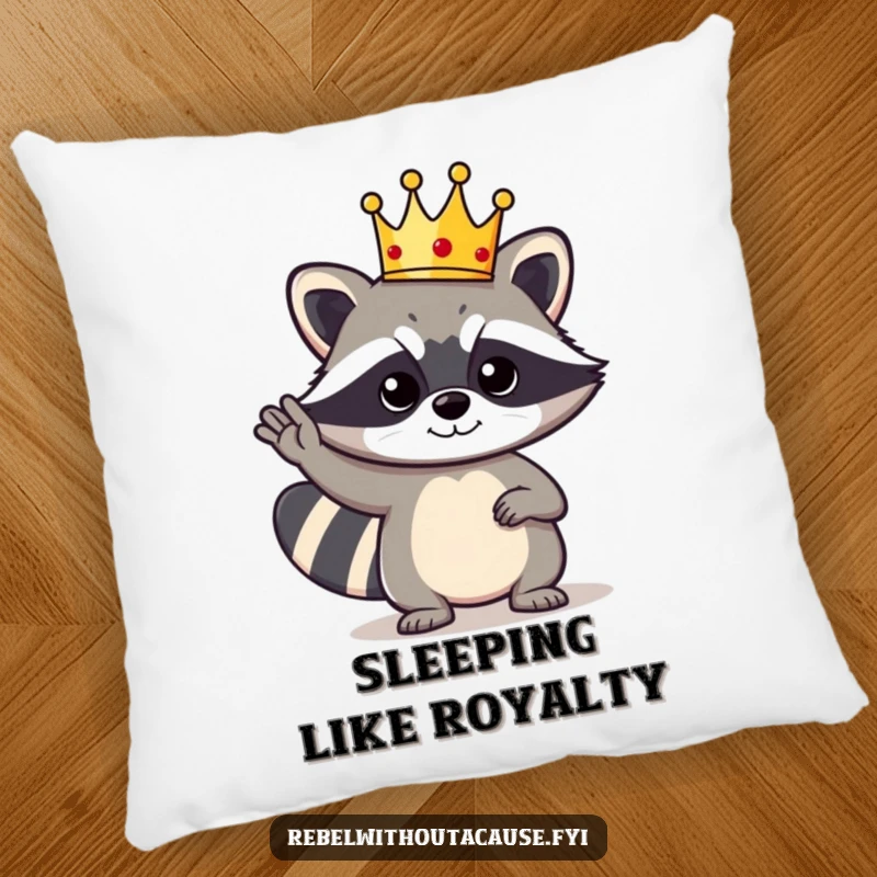 Funny Raccoon King Pillow: A bold raccoon character wearing a tiny crown gives a cool salute, perfect for comfort.
