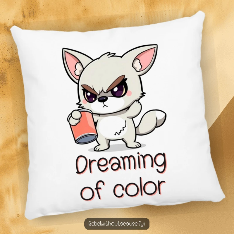 Funny decorative pillow with a defiant animal character holding a cracked, empty paint can, offering comfort and a dose of artistic rebellion.