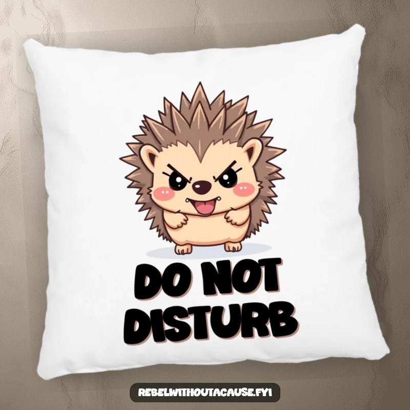 Funny rebellious hedgehog pillow featuring a defiant hedgehog with spiky hair, offering comfort with a bold and unyielding spirit.