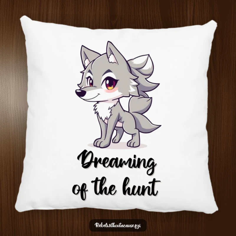 Funny pillow showcasing a spirited wolf character standing confidently with its tail held high, embodying freedom.