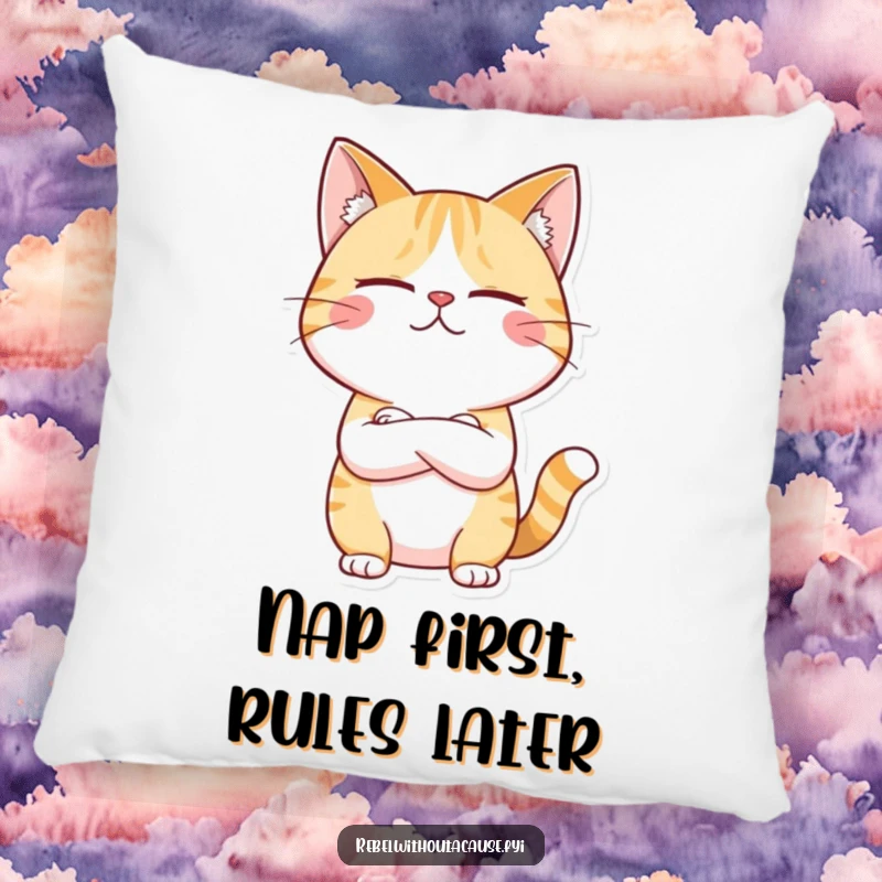Funny pillow showcasing a giggling cat character arms crossed, looking unimpressed, offering comfort with a side of sass.