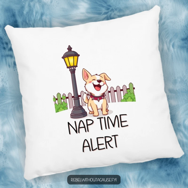 Funny Dog Pillow featuring a cheerful dog in a spiked collar playfully barking at a lamppost, a soft and humorous accent.