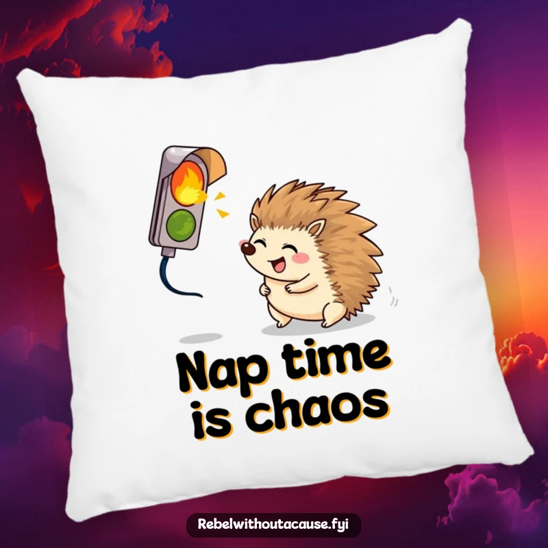 Funny giggling hedgehog rolling towards a broken signal light, printed on a comfortable and decorative pillow.