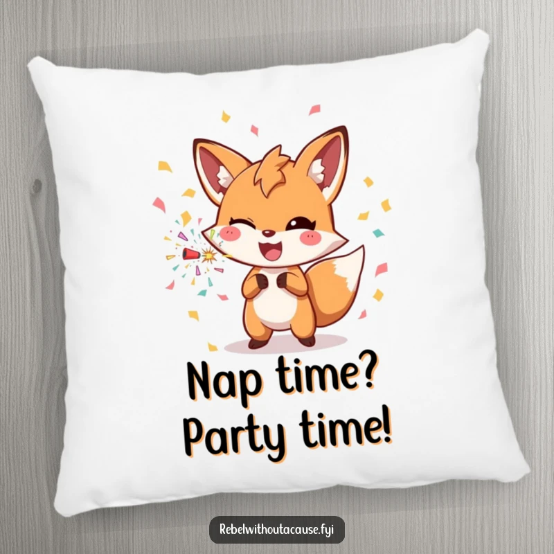 Funny fox with a confetti bomb on a pillow, offering comfort with a side of festive fun.